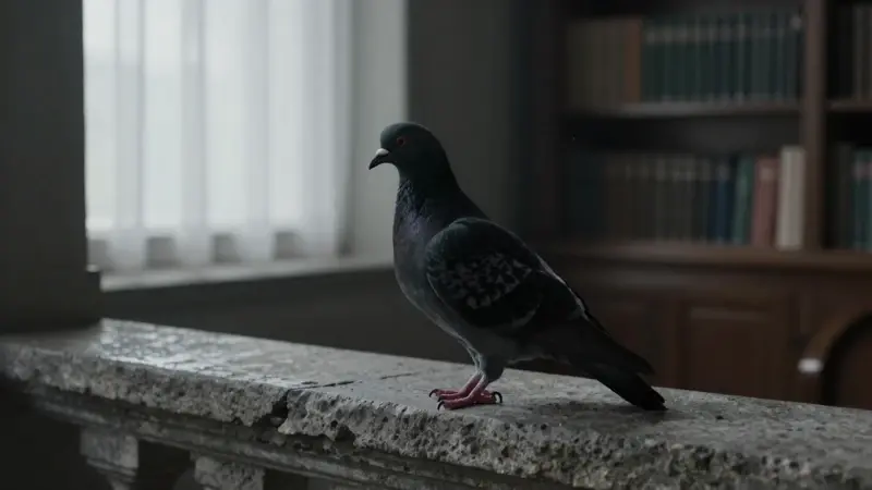 Paloma negra posada en el alféizar de una ventana en un despacho de psicólogo con estanterías borrosas al fondo. Ambiente melancólico y tenue.