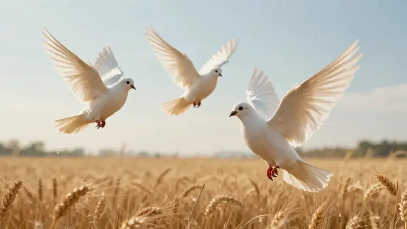 Tres palomas blancas volando sobre un campo de trigo dorado a la hora dorada, con un cielo azul pálido de fondo.