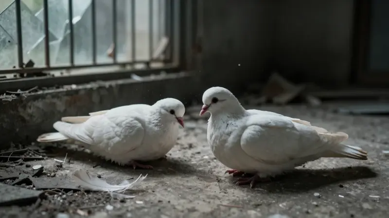 Dos palomas blancas muertas en el suelo agrietado de un aviario abandonado, con luz tenue y atmósfera melancólica.