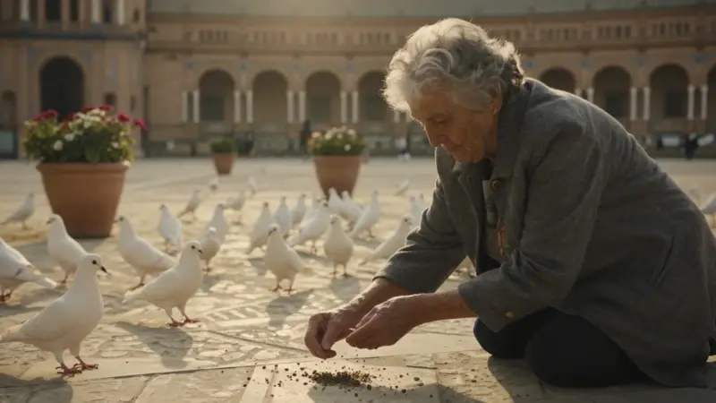 Mujer mayor alimentando palomas en una plaza soleada de Sevilla, con luz cálida y ambiente melancólico.