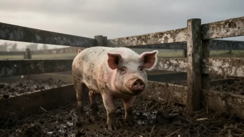Granja de cerdos realista con una cerda mirando directamente al espectador, en un paisaje rural nublado y con barro.