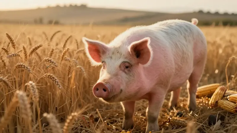 Cerdo rosa de raza Duroc buscando alimento en un campo de trigo dorado durante la hora dorada en la Toscana.