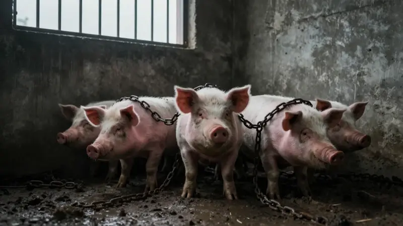 Cerdos rosas amarrados con cadenas oxidadas en un corral de concreto oscuro y fangoso, bajo un cielo nublado y a través de barrotes.