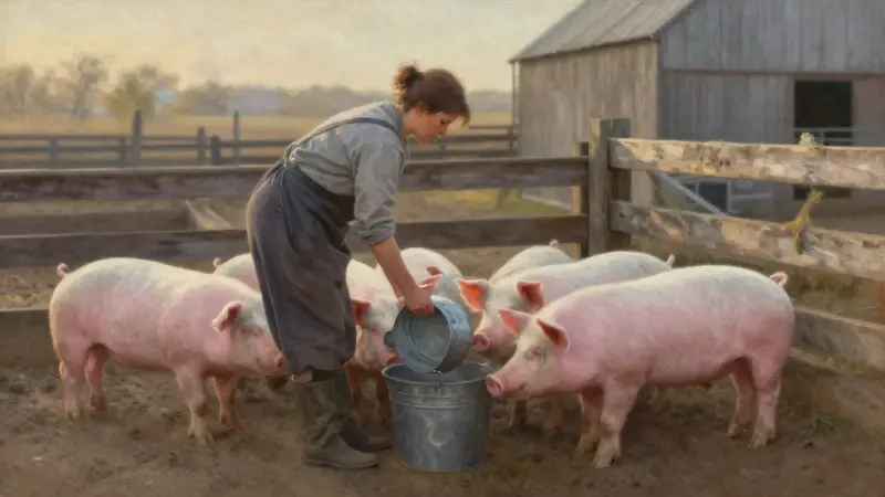 Mujer alimentando cerdos rosados con un cubo metálico en un corral polvoriento bajo la luz dorada del atardecer.
