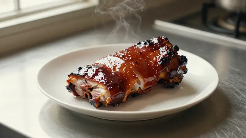 Cerdo asado con piel crujiente y glaseado oscuro sobre un plato de cerámica blanca, fotografiado en un ambiente de cocina con luz suave.