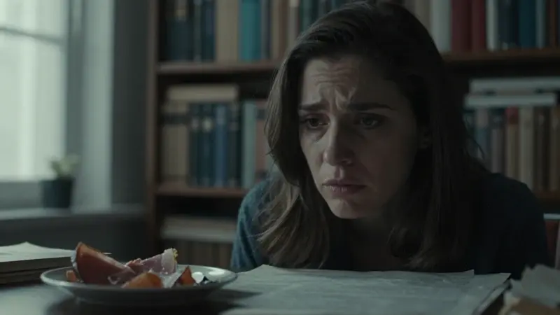 Mujer frustrada en un estudio desordenado con libros, cerca de un plato con jamón, evocando un ambiente melancólico y contemplativo relacionado con la interpretación de los sueños.