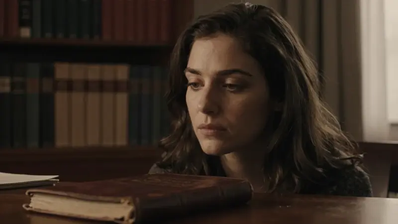 Mujer pensativa en estudio antiguo, rodeada de libros, con un diario abierto sobre una mesa de madera. Ambiente académico y melancólico.