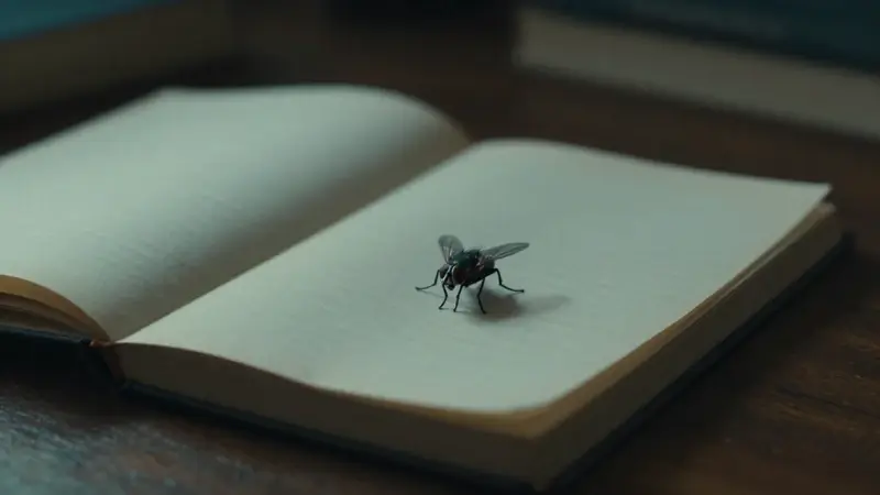 Una mosca posada sobre un diario de sueños antiguo y abierto, en un estudio tenuemente iluminado con una atmósfera melancólica.