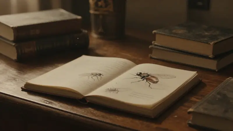 Escritorio antiguo de madera con un diario abierto y bocetos borrosos de moscas, rodeado de libros sobre análisis de sueños en un estudio tenuemente iluminado.