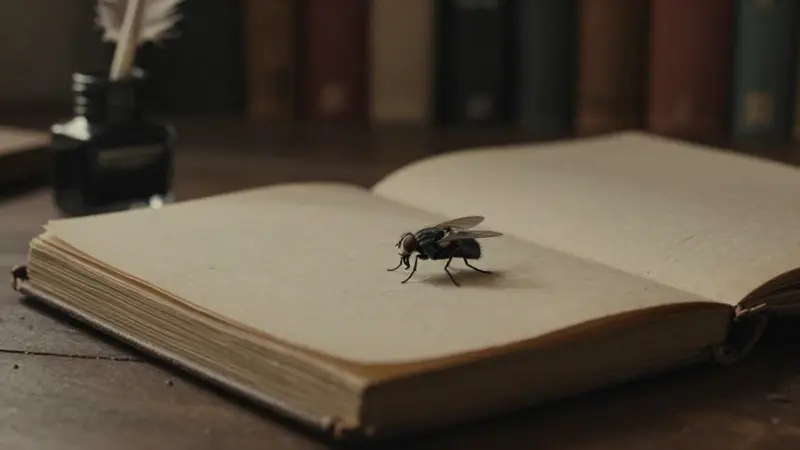 Una mosca doméstica posada sobre un diario de sueños antiguo y abierto, en un estudio tenuemente iluminado con una atmósfera melancólica y polvorienta.
