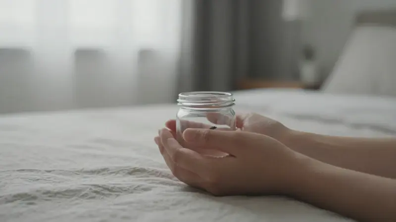 Manos sosteniendo un frasco de vidrio con una mosca dentro, en un dormitorio moderno y minimalista con luz suave.