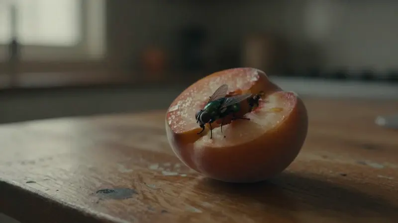 Una mosca verde iridiscente sobre una melocotón a medio comer en una encimera de madera desgastada.