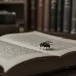 Una mosca posada sobre la página abierta de un antiguo libro de psicología en una biblioteca con iluminación tenue y ambiente melancólico.