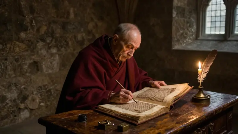 Monje medieval estudiando un manuscrito iluminado en un scriptorium de piedra, iluminado por velas.