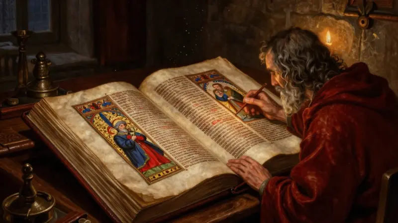 Manuscrito iluminado medieval abierto mostrando una escena bíblica, con un erudito inclinado sobre un gran libro a la luz de las velas en un scriptorium sombrío.