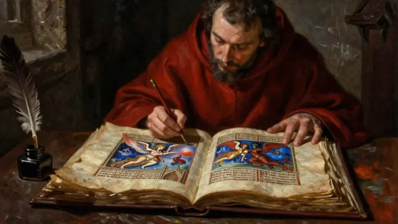 Monje medieval estudiando un manuscrito iluminado con figuras angelicales y demoníacas entrelazadas en paisajes oníricos, dentro de un scriptorium tenuemente iluminado.