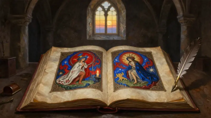 Página de manuscrito iluminado medieval abierto, mostrando imágenes oníricas detalladas, en un scriptorium con muros de piedra y una vela encendida.