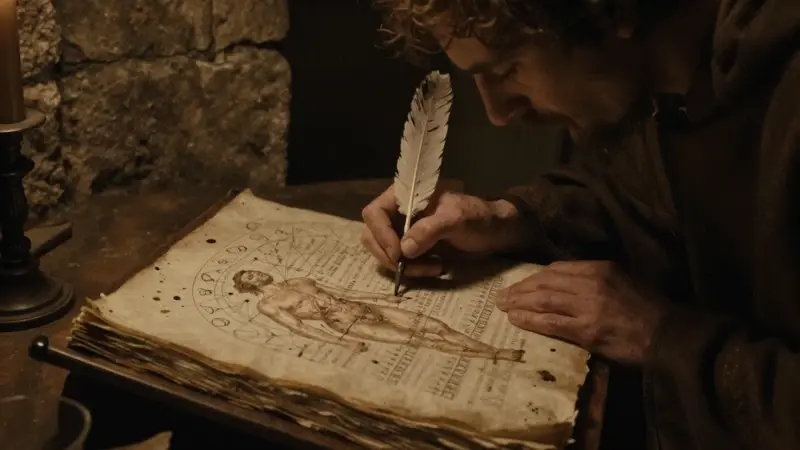Monje medieval transcribiendo un manuscrito ilustrado con una figura soñando y cartas astrológicas en un scriptorium tenuemente iluminado.