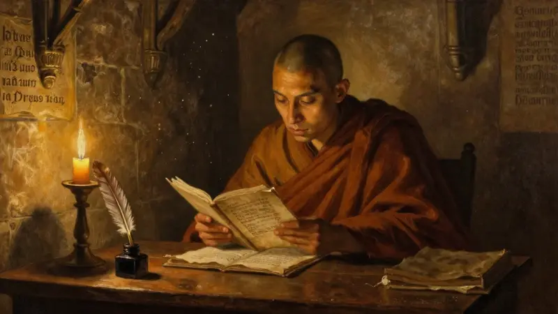 Monje medieval estudiando un diario de sueños a la luz de las velas en un scriptorium antiguo.