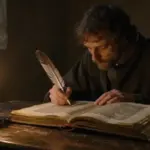 Monje medieval estudiando un diario de sueños a la luz de las velas en un scriptorium.