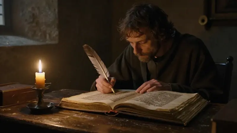 Monje medieval estudiando un diario de sueños a la luz de las velas en un scriptorium.