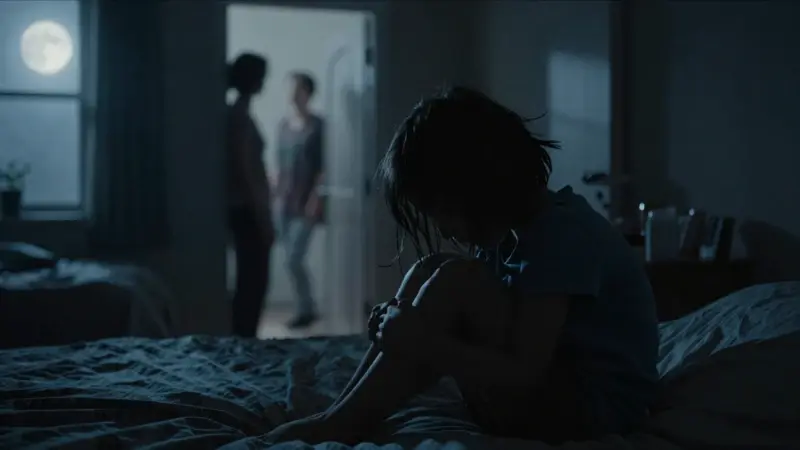 Silueta de un niño angustiado en un dormitorio oscuro iluminado por la luz de la luna, con una figura borrosa de un adulto en la puerta.
