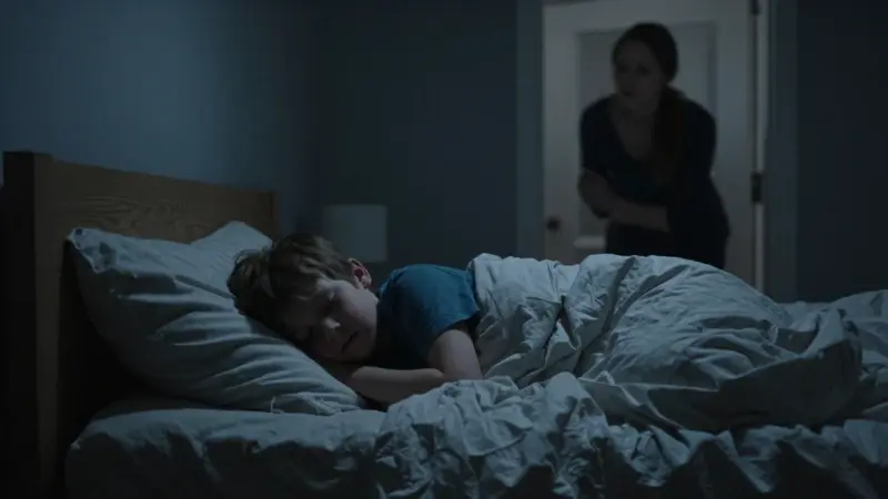 Niño durmiendo inquieto en su cama, observado con preocupación por su madre en la penumbra de la habitación.