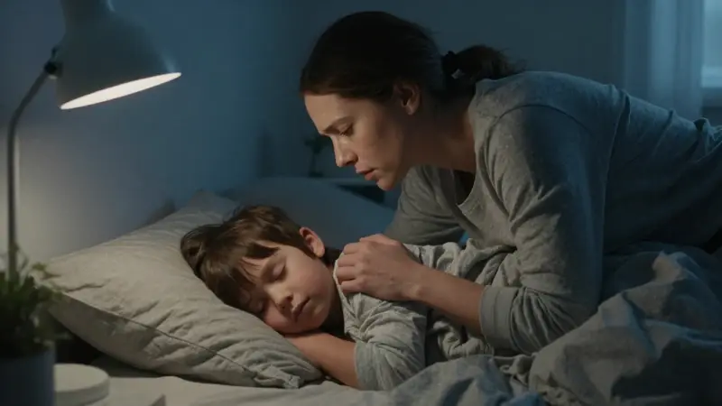 Madre preocupada arrodillada junto a su hijo dormido en un dormitorio tenuemente iluminado durante la noche.
