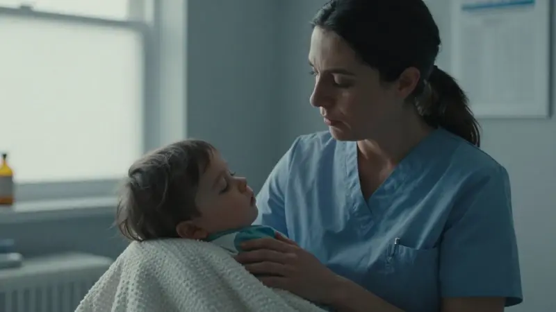 Madre sosteniendo a su hijo dormido en el consultorio de un pediatra, con una expresión preocupada. El ambiente es suavemente iluminado y refleja una atmósfera empática.
