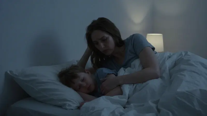Madre preocupada observa a su hijo durmiendo en un dormitorio tenuemente iluminado, con una paleta de colores azul y gris que transmite inquietud.