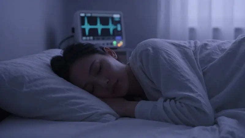 Mujer durmiendo plácidamente en una habitación oscura con tonos azul y lavanda, mientras un monitor de EEG muestra patrones de ondas cerebrales en segundo plano.