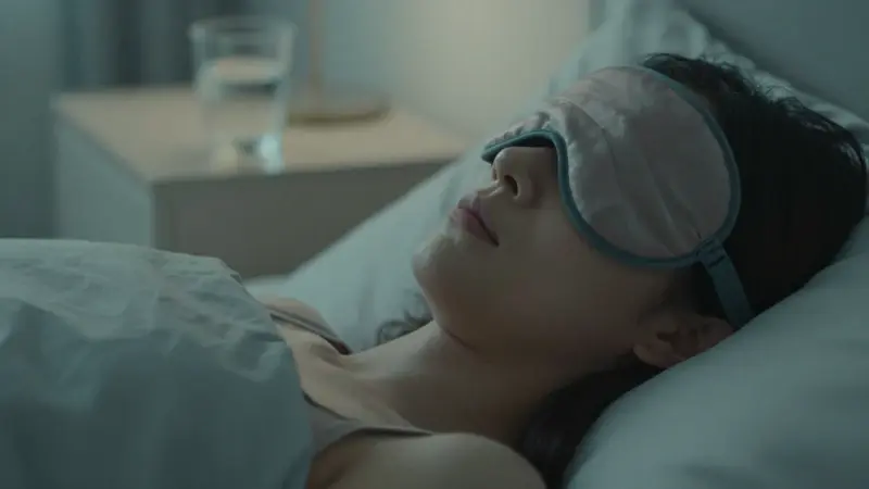 Mujer durmiendo plácidamente en un dormitorio con luz tenue y ambiente relajante.