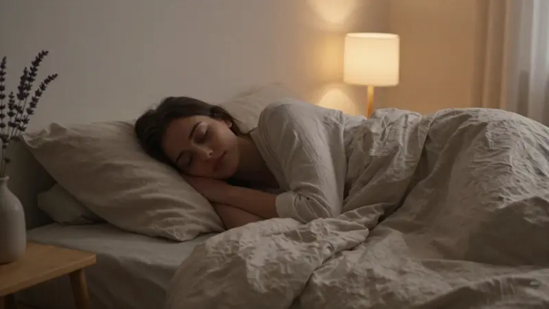 Mujer durmiendo plácidamente en un dormitorio acogedor con luz tenue y ropa de cama de lino.