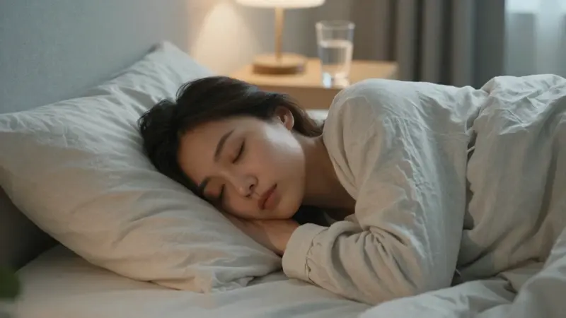 Mujer durmiendo plácidamente en un dormitorio acogedor con luz suave de la mañana, rodeada de ropa de cama natural y una mesita de noche con una lámpara tenue y un vaso de agua.