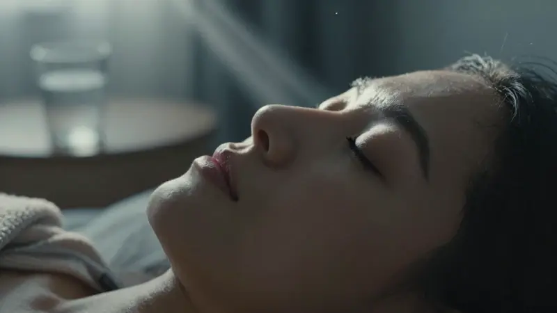 Mujer durmiendo plácidamente en su cama, bañada por la suave luz de la mañana en un dormitorio minimalista.