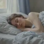 Mujer durmiendo plácidamente en una acogedora habitación con luz tenue de la mañana, transmitiendo una sensación de calma y descanso.