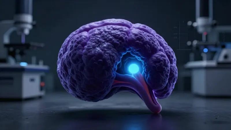 Glándula pineal humana con brillo bioluminiscente en un entorno de laboratorio oscuro, mostrando instrumentos científicos borrosos y un gráfico sutil de niveles de melatonina.