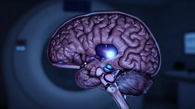 Escáner cerebral realista mostrando la glándula pineal iluminada en tonos azulados y violáceos, dentro de una máquina de resonancia magnética.