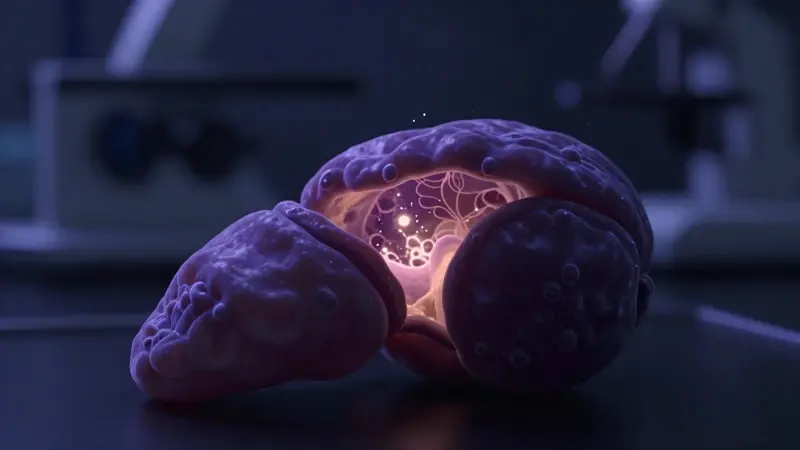 Representación hiperrealista de una glándula pineal humana iluminada internamente con luz bioluminiscente, en un entorno de laboratorio oscuro y con instrumentos científicos desenfocados al fondo.