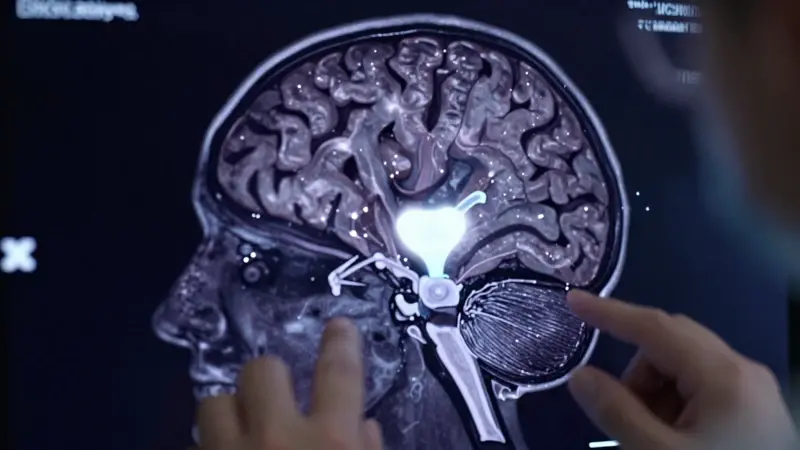 Escáner cerebral humano con la glándula pineal resaltada y brillante en una sala de resonancia magnética oscura.