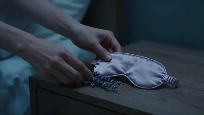 Manos colocando una máscara de seda y flores de lavanda sobre una mesita de noche de madera oscura en un dormitorio tenuemente iluminado, creando un ambiente tranquilo para el descanso.