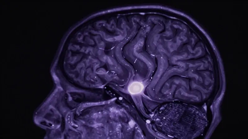 Resonancia magnética de un cerebro humano con la glándula pineal resaltada en tonos violetas y azules, evocando un ambiente de sueño profundo y misterio.