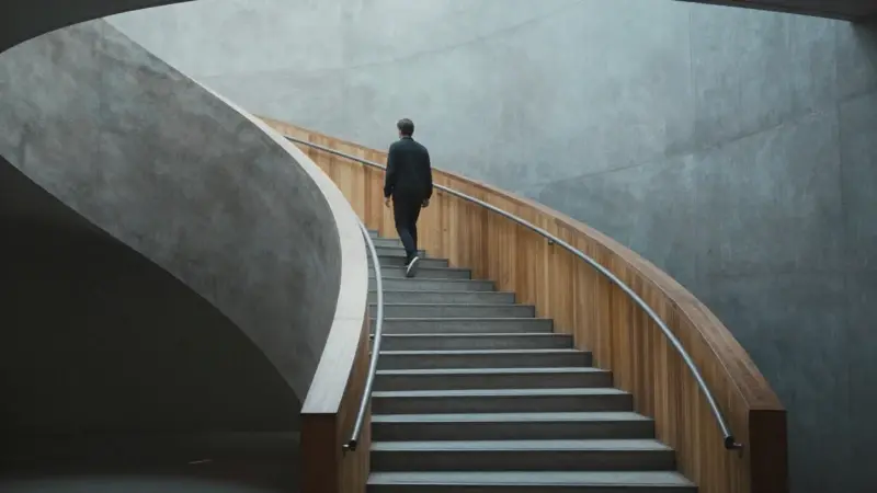 Escalera de caracol moderna ascendiendo hacia una luz suave, con una figura solitaria subiendo, creando una atmósfera contemplativa.