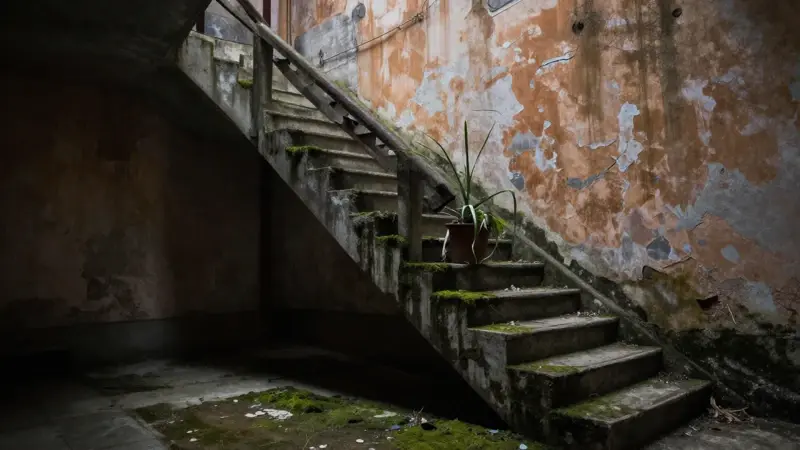 Escalera de hormigón deteriorada cubierta de musgo en un patio interior sombrío con paredes de yeso desmoronándose.