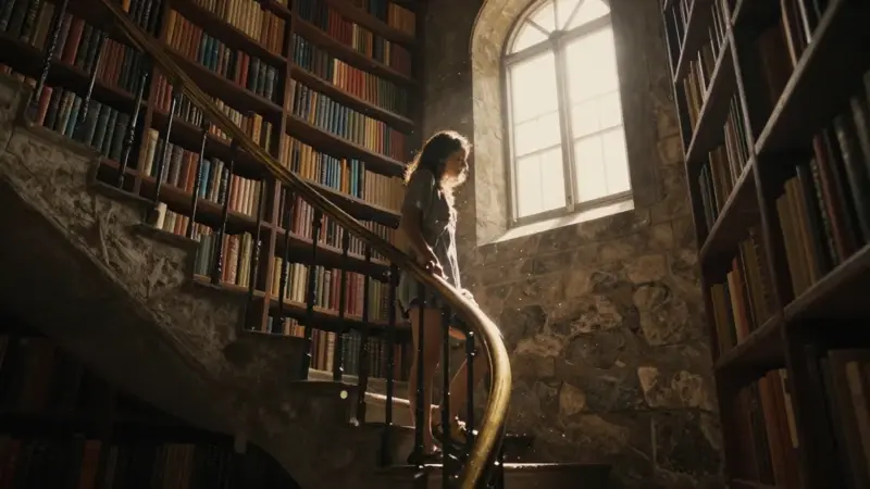 Joven subiendo una escalera de piedra en el interior de una antigua biblioteca con estanterías altas y luz dorada.