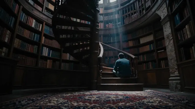 Escalera de caracol descendente en una biblioteca antigua y tenuemente iluminada, con una figura solitaria vista desde atrás en una pose contemplativa.