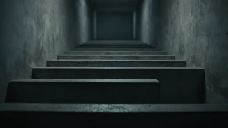 Infinitas escaleras en un pasillo tenuemente iluminado, creando una atmósfera opresiva y laberíntica.