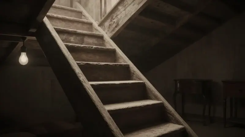 Escaleras de madera desgastada ascendiendo en penumbra dentro de un ático polvoriento, iluminadas por una bombilla desnuda.