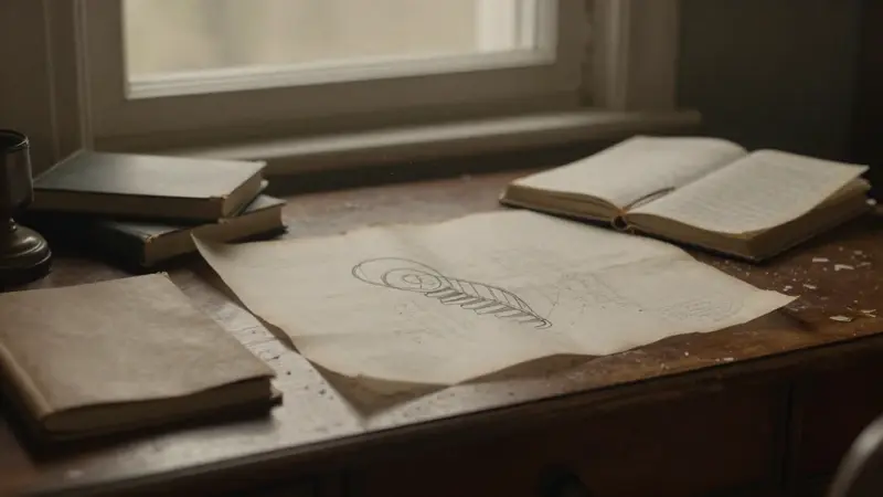 Plano de una escalera de caracol antiguo sobre un escritorio de madera en un estudio tenuemente iluminado, rodeado de diarios de sueños y con una atmósfera melancólica.