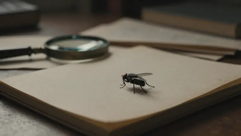 Una mosca común aterrizando sobre un diario de sueños antiguo y abierto, en un estudio con escritorio desordenado y luz tenue.